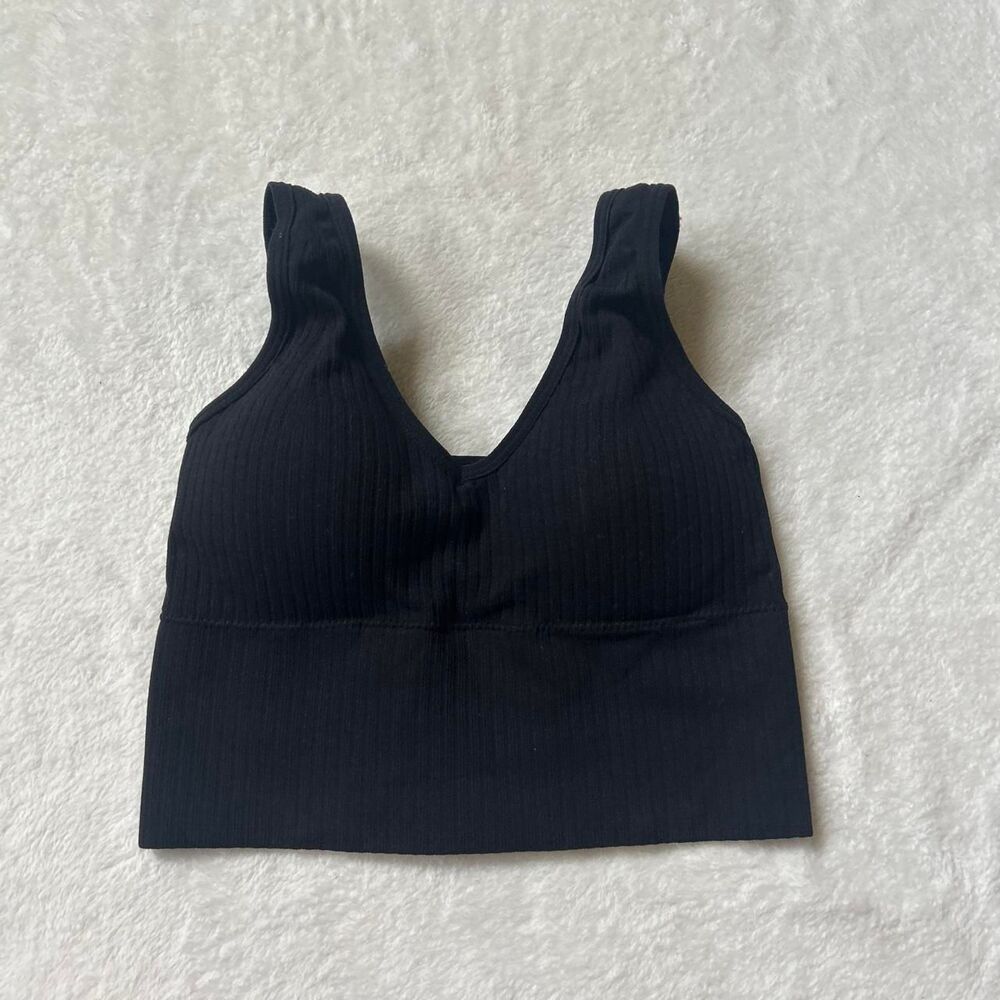 Black ribbed crop top sports bra with removable padding women's small medium